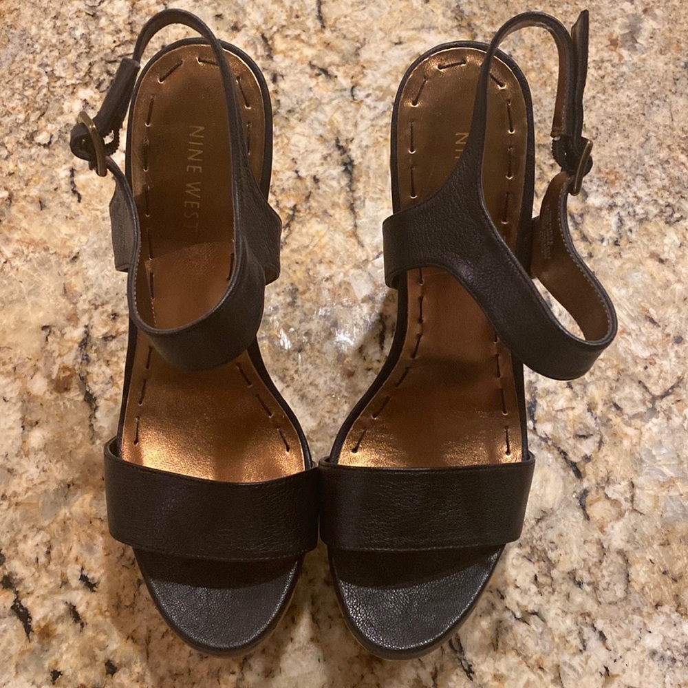 Black leather high heeled sandals